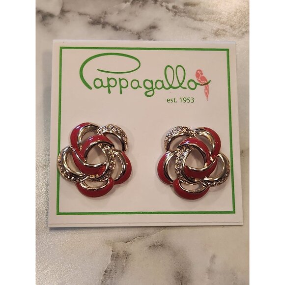 Pappagallo Red & Gold Intertwined Flower Stud Earrings With Crystals - Picture 1 of 5
